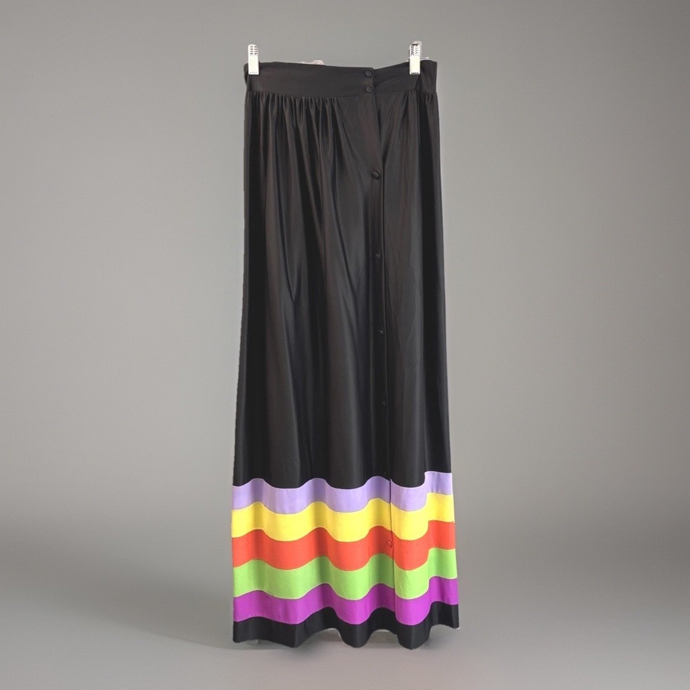 Vintage Maxi Skirt XS Black Rainbow Stripe Buttons Eclectic Dopamine Colorblock